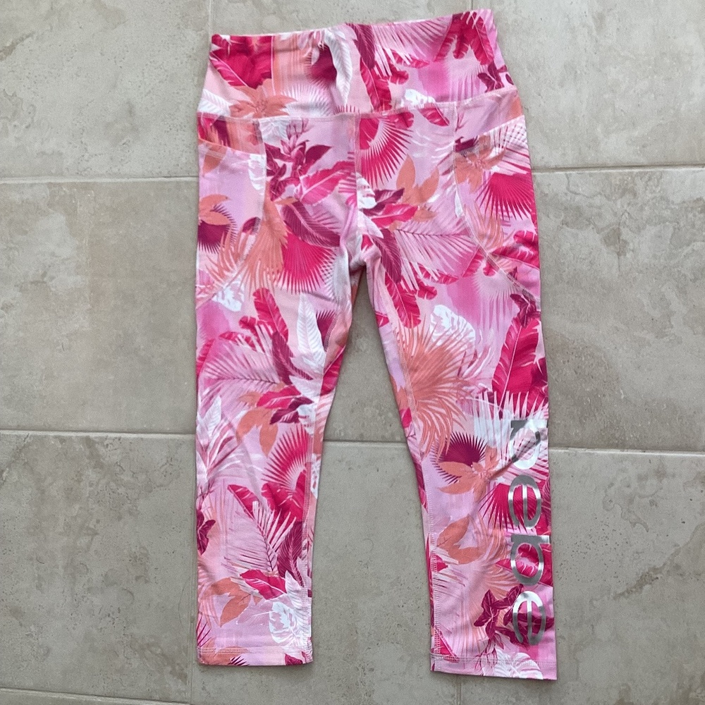 Bebe Sport Tropical Print Cropped Leggings Silver Logo